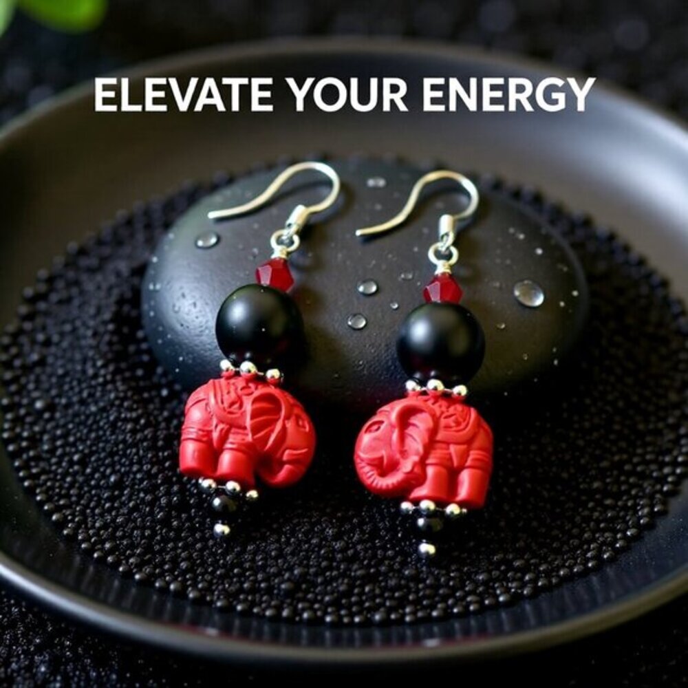 Super Cute! Large & Chunky! Black + Red Elephant Dangle Earrings! Tuskers!!!